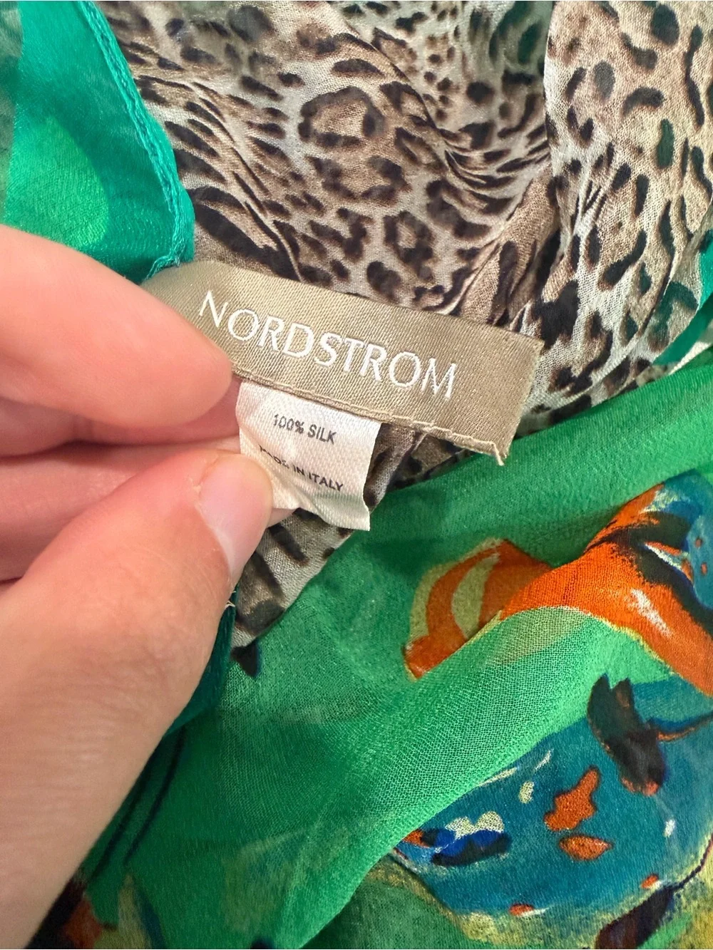 NORDSTROM 100% Silk Green Brown Cheetah Print Tropical Floral Cover Up Blouse